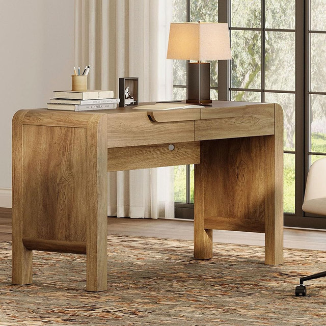 WAMPAT 47.2" Home Office Computer Desk with Drawers, Mid Century Modern Executive Desks with Charging Station, Wood Writing Desk Console Table Sofa Table for Living Room,Office, Work, Study, Walnut