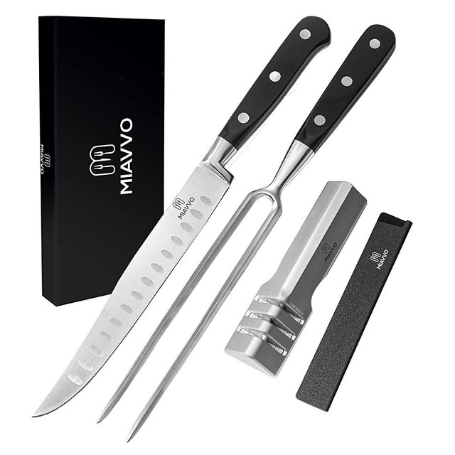 Carving knife and fork set, knives sharpener, blade cover, 2-PC Set, gift box, professional meat carving knife set, turkey knife set, german stainless steel