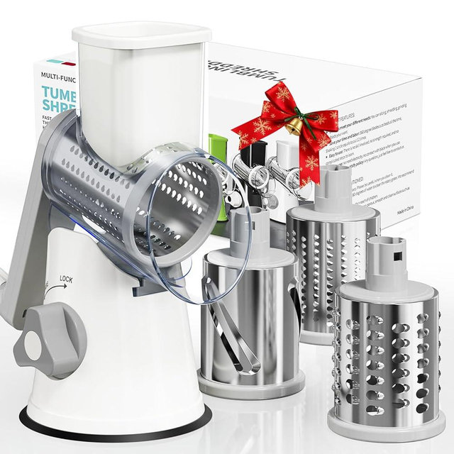 Nexsujo Rotary Cheese Grater Hand Crank, 3 Blades Slicer Shredder, Cheese Grater for Kitchen, Multi-Functional Kitchen Tool for Vegetables, Nuts, Chocolate, with Strong Suction Base, White