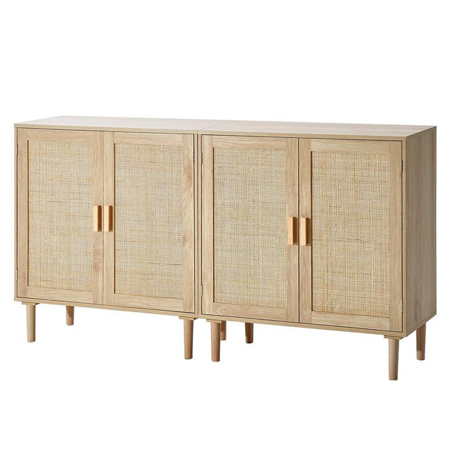 VEVOR Rattan Buffet Cabinet with Storage, 4 Magnetic Doors and Adjustable Shelves, Sideboard for Hallway, Living Room, Kitchen, Natural
