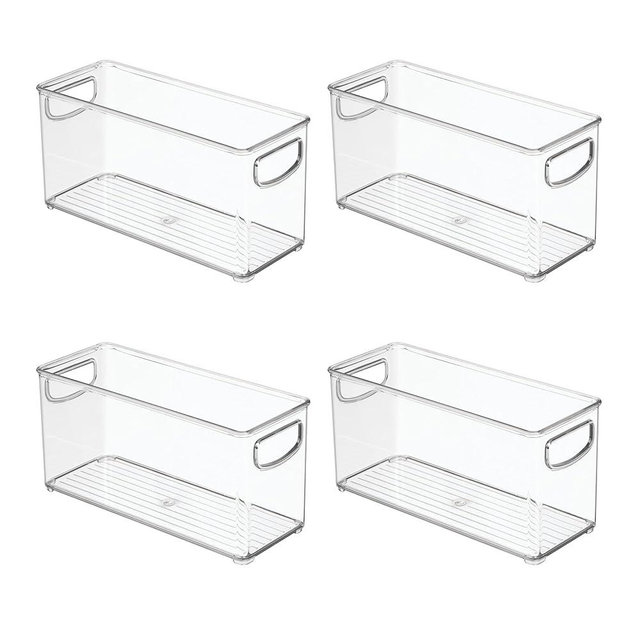 iDesign 4-Piece Recycled Plastic Small Stackable Kitchen Organizer Bin with Integrated Handles for Kitchen, Fridge, Freezer, Pantry & Cabinet Organization, The Linus Collection - 10" x 4" x 5", Clear