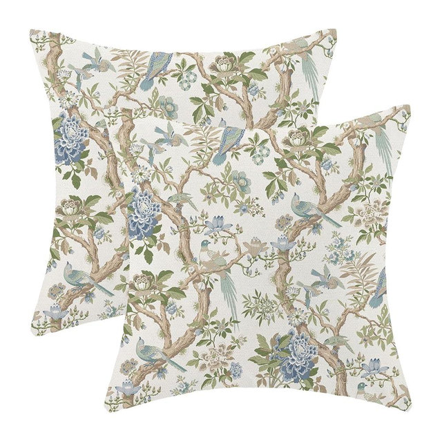 CXMEIFLY Chinoiserie Spring Pillow Covers 24 x 24 Inch Set of 2 for Blue Sage Green Vintage Flowers Bird Decor Throw Pillows Plant Farmhouse Outdoor Decorative Cushion Cases for Couch Bed Decorations