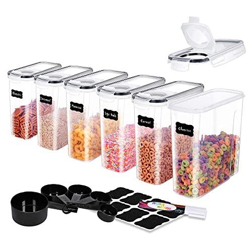 ME.FAN Medium Cereal Storage Containers [Set of 6] Airtight Food Storage Containers 2.5L(85.4oz) - Kitchen Storage Keeper with 5 Set Measuring Cups, 24 Chalkboard Labels & Pen (Black)