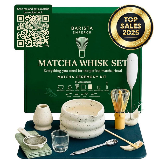 BARISTA EMPEROR® PREMIUM 11pcs MATCHA WHISK SET - Professional Matcha Kit Set with Matcha Bowl, Matcha Whisk, Milk Frother, Spoon, Matcha Sifter, Scoop, Scoop Stand, Measuring Cup, Tea Mat and Cloth