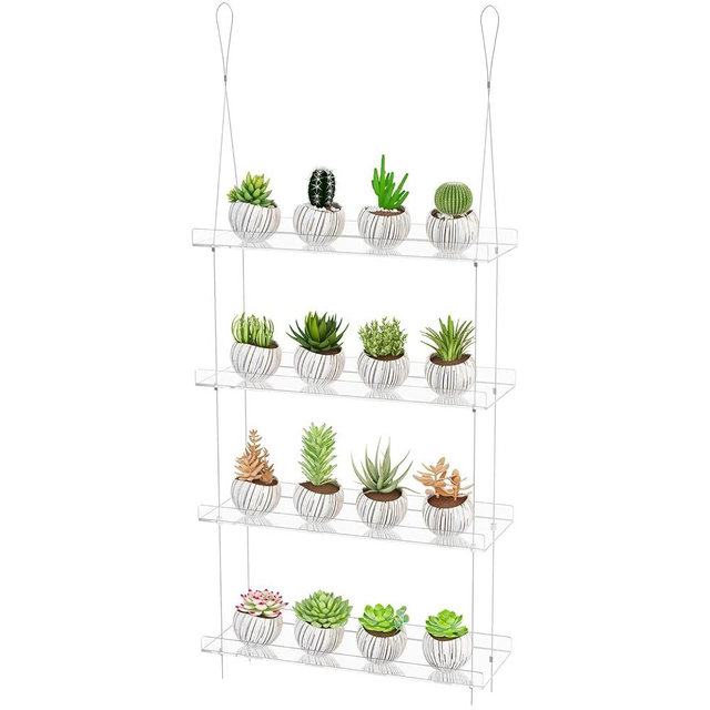 4-Tier Acrylic Hanging Plant Shelves - Height Adjustable Clear Acrylic Shelves for Windows - Perfect for Indoor Gardens, Kitchen Window Displays of Flowers, Succulent Plants, and Seedling Growth