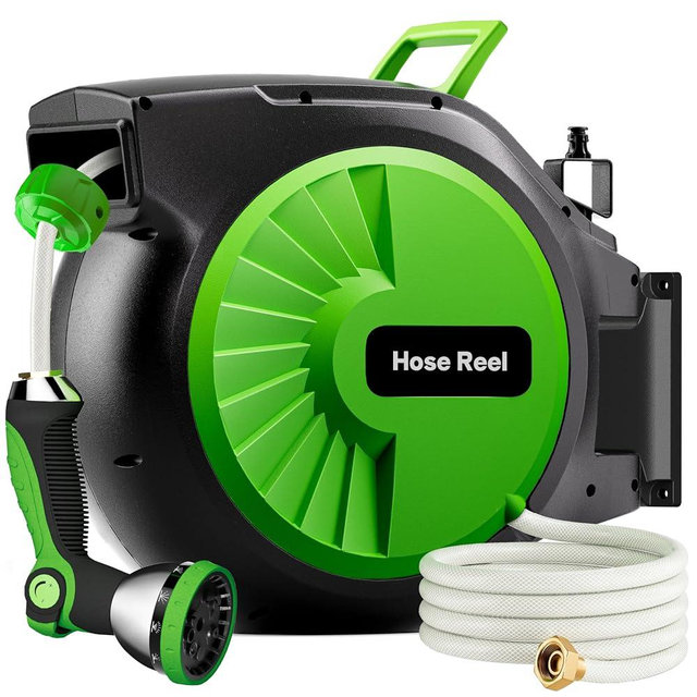 Retractable Garden Hose Reel 150FT x 1/2 in, Wall Mount Water Hose Reel for Outside with Auto Rewind, Tangle-Free Guide, 180° Swivel Bracket, Lock at Any Length, High-Pressure Flow, 10-Pattern Nozzle