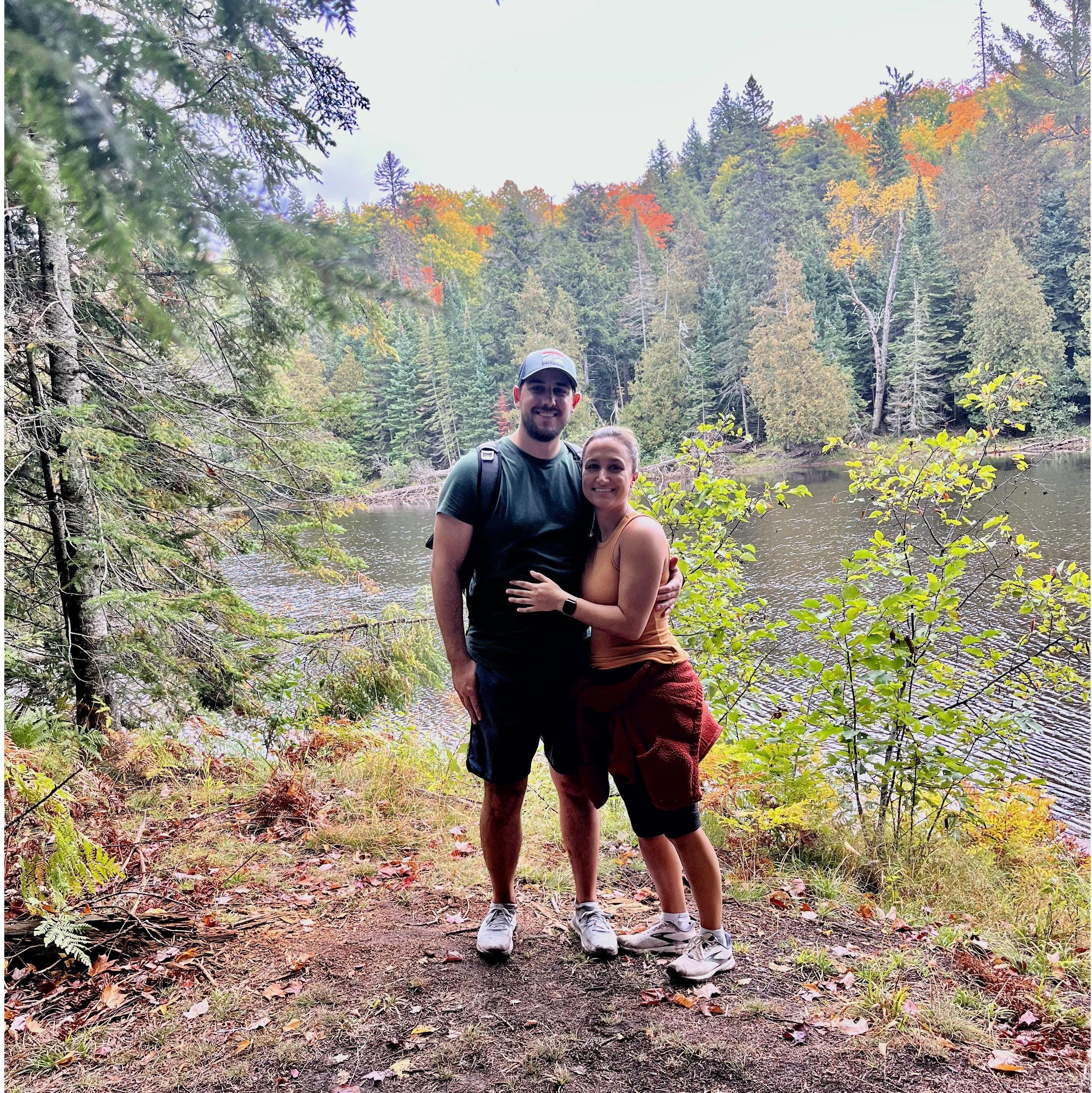 Hiking Tahquemenon Falls! If you know us, you know that we engineered a tripod out of a loose branch and a nearby tree in order to take this picture.