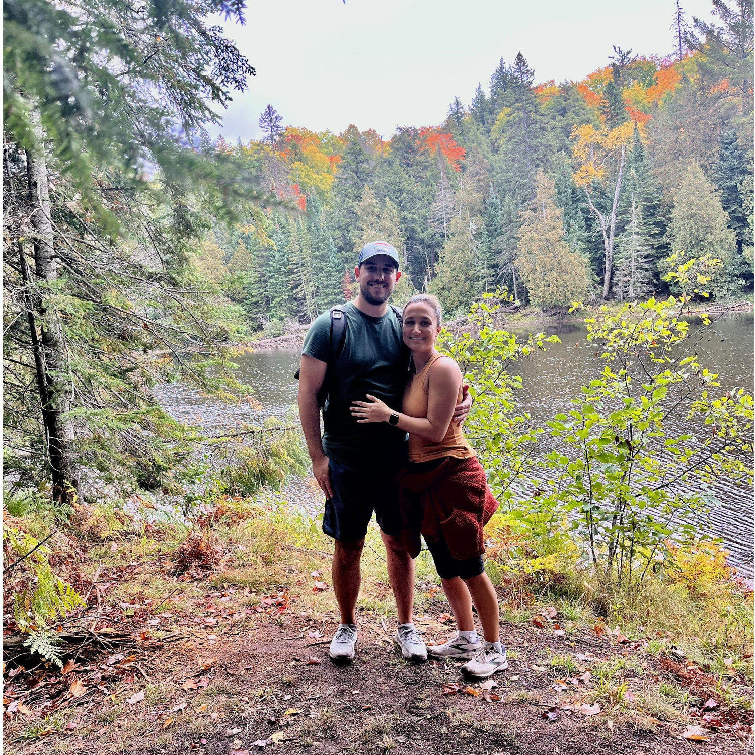 Hiking Tahquemenon Falls! If you know us, you know that we engineered a tripod out of a loose branch and a nearby tree in order to take this picture.