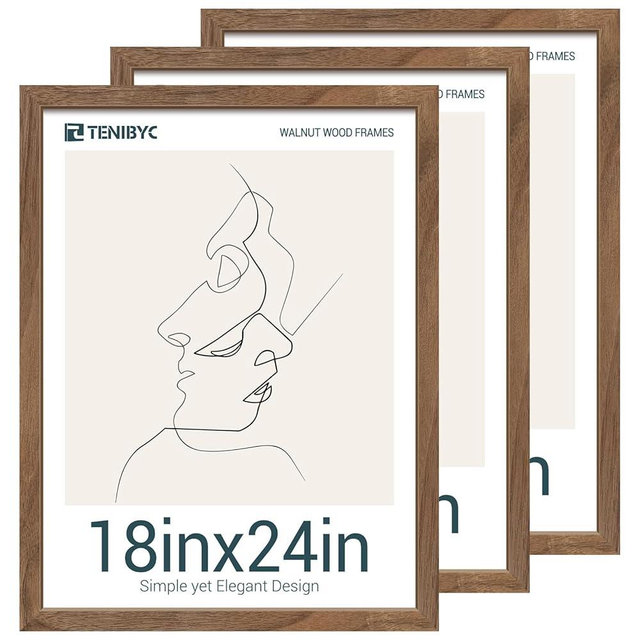 TENIBYC 18x24 Walnut Poster Frame set of 3 - Natural Brown, Solid Wood Picture Frame, Wall Hanging