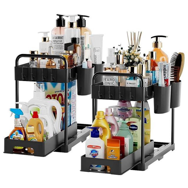 Under Sink Organizers and Storage,USFU Under Kitchen and Bathroom Sink Cabinet Organizers and Storage,Waterproof and Sturdy Standard Spray Cleaning Supplies Organizer Shelf,Sliding Drawer(2 Packs)