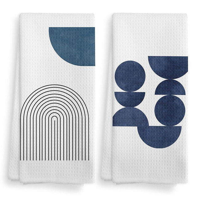 NOQL Boho Navy Blue Line Kitchen Towels and Dishcloths Set of 2, Boho Dish Towels, Bohemian Decorative Boho Blue Hand Towels for Bathroom Kitchen, 16×24 Inches