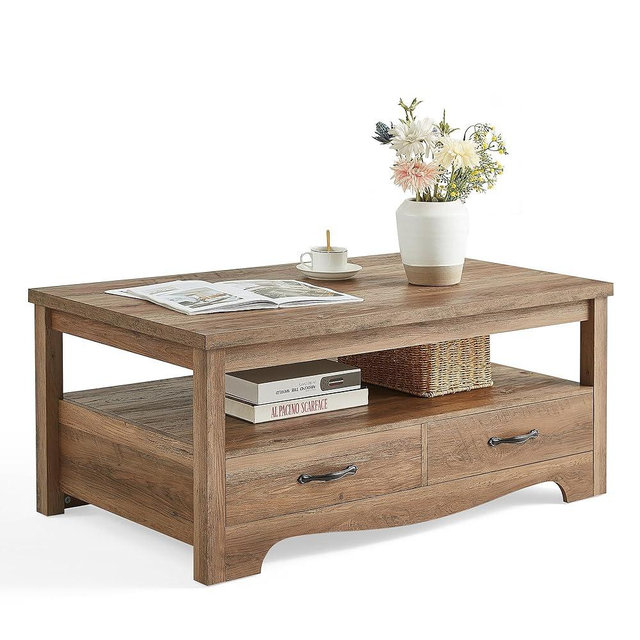 LINSY HOME Farmhouse Coffee Table with Storage, Wood Coffee Table for Living Room, Open Display Area and Storage Drawers with Metal Handles, Chic Style with Curved Base. Brown