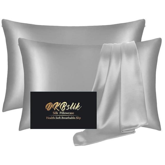 Silk Pillow Cases 2 Pack, Mulberry Silk Pillowcases Standard Set of 2, Health, Smooth, Anti Acne, Beauty Sleep, Both Sides Natural Silk Satin Pillow Cases for Women 2 Pack with Zipper for Gift, Grey