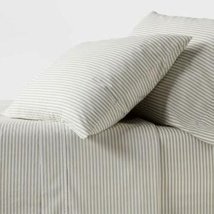 Queen 250 Thread Count Organic Percale Sheet Set Sage Green Stripe - Threshold™: GOTS & OEKO-TEX Certified, Includes 4pc