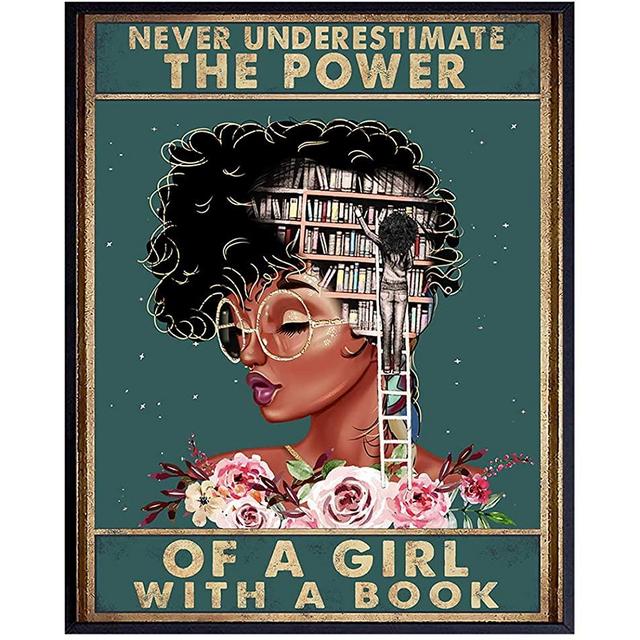 Never Underestimate a Girl With a Book - African American Wall Art - Black Woman Poster - African American Girl, African American Women, Black Women - Motivational Wall Decor - Positive Black Wall Art