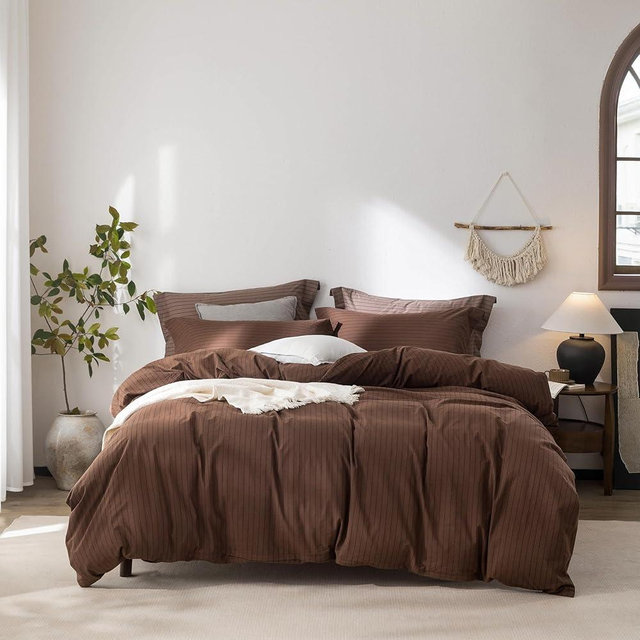 Warm Moment Stripe Duvet Cover King Size 104inch x 90inch,100% Washed Cotton Pinstripe Duvet Cover with Zipper Closure and 2 Pillowcases, Color of Cocoa Brown-Black Stripe
