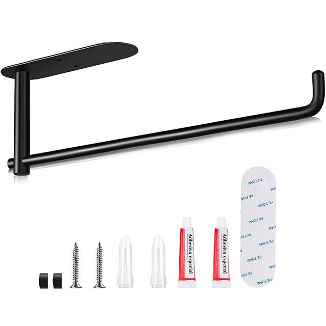 Yowmins Paper Towel Holder Under Cabinet, Paper Towel Holder Wall Mount, Self-Adhesive or Screws, Paper Towel Rack Roll Holder for Kitchen Bathroom Toilet Large Roll Paper, 304 Stainless Steel, Black
