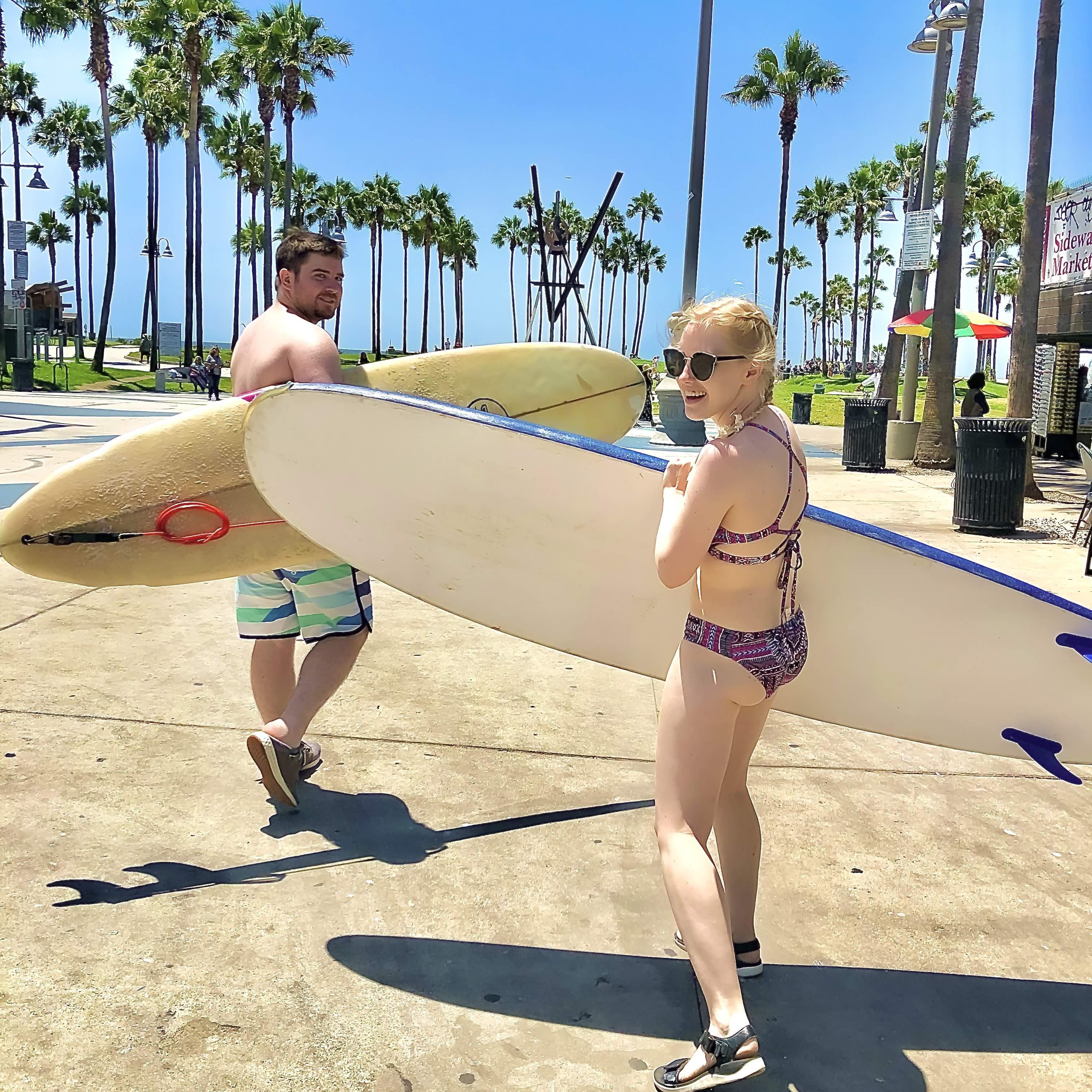 August 2021: Surfing in Venice Beach with Lauren's bridesmaid Toni