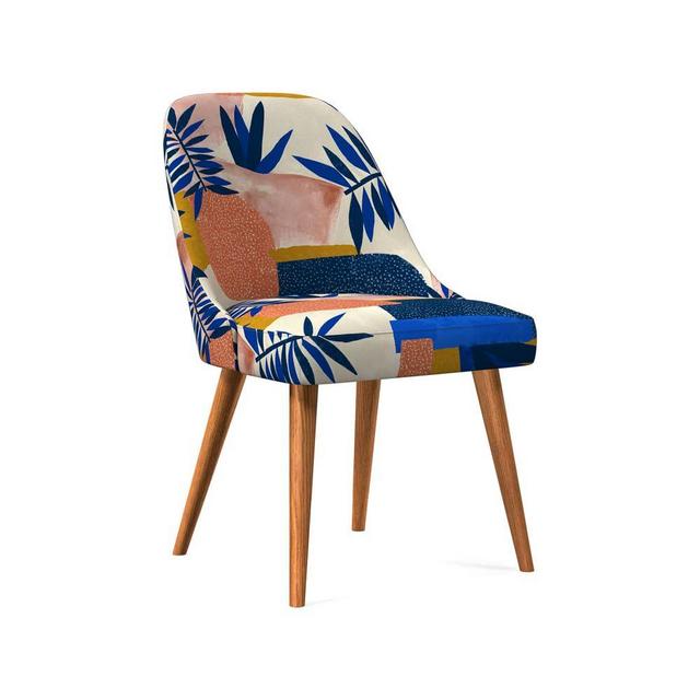 Mid-Century Upholstered Dining Chair, Landscape Blue Multi, Botanic Collage, Pecan