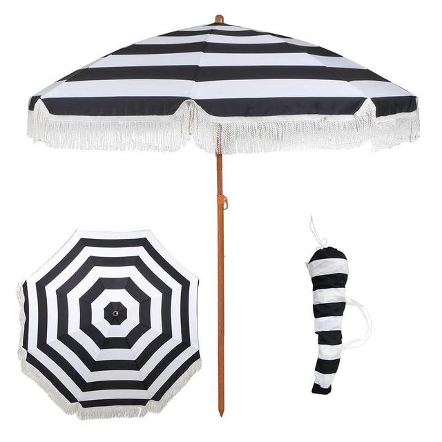 Punchau 6 Ft Fringe Patio Umbrella - Outdoor Umbrellas for Patio, Pool, Table, Garden, Deck, Beach, and Outdoors - Fashionable Boho Vintage Tassels & Wood Print - Push Button Tilt Pole