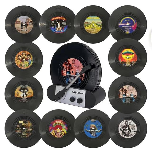 RADIXIUM Funny Retro Record Coasters for Drinks with Vinyl Player Holder for Music Lovers,Set of 12 Conversation Piece Sayings Drink Coaster,Housewarming Hostess Wedding Registry Gift Ideas