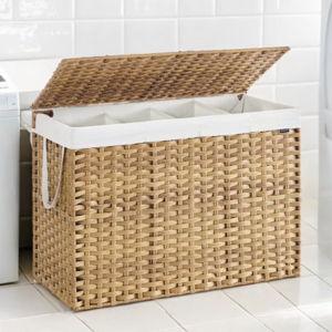 Double Laundry Hamper with Lid, 4 Sections