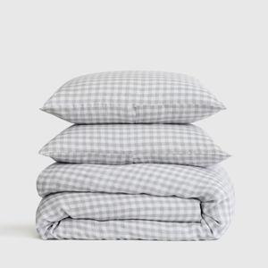 European Linen Gingham Duvet Cover Set in Blue Fog
