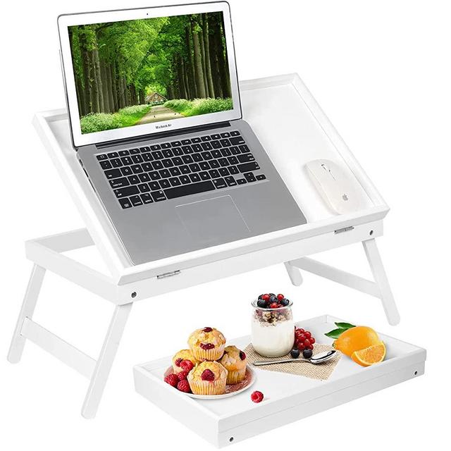 Bed Tray Table Breakfast Tray with Folding Legs Kitchen Food Serving Tray for Notebook Computer Bed Platters Lap Desk Snack Tray（White