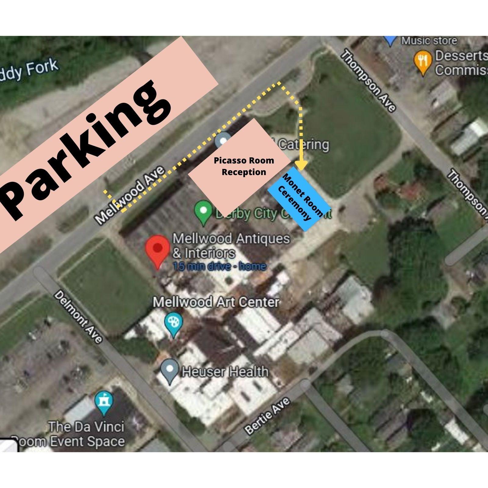 Parking is across Mellwood Avenue. Guests then walk across Mellwood and into the Monet Room for the ceremony. The reception will be just a few steps away, across the hall in the Picasso Room.