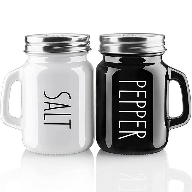 Farmhouse Salt and Pepper Shakers Set, 4 oz Cute Salt Pepper Shaker, Modern Farmhouse Kitchen Decor for Home Restaurants Wedding, Vintage Glass Black White Shaker Sets with Stainless Steel Lids