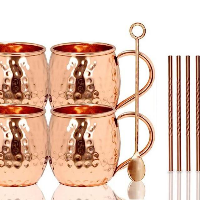 BOLD & DIVINE Copper mixing spoons set of 2 | copper plated stainless steel bar spoons with elegant ring on top |Copper stirring spoon for Moscow mules (Copper Mugs & Spoons Set)
