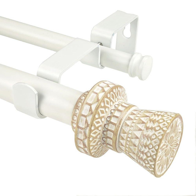 SKYPLUS LIVING Modern Boho Style Curtain Rod Set with Round Carved Finial, 72-144 inch, Standard Double White Drapery Rod for 1 Pack, 1 inch diameter, Adjustable Length