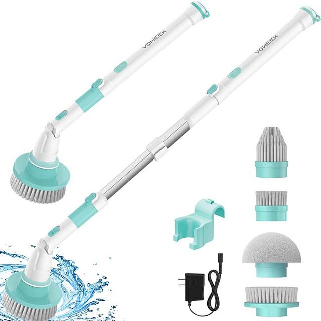 Electric Spin Scrubber, Voweek Cordless Shower Cleaning Brush with Adjustable Long Handle, 4 Replaceable Brush Heads, 2 Rotating Speeds, Electric Scrubber for Bathroom, Tub, Tile, Shower, Floor