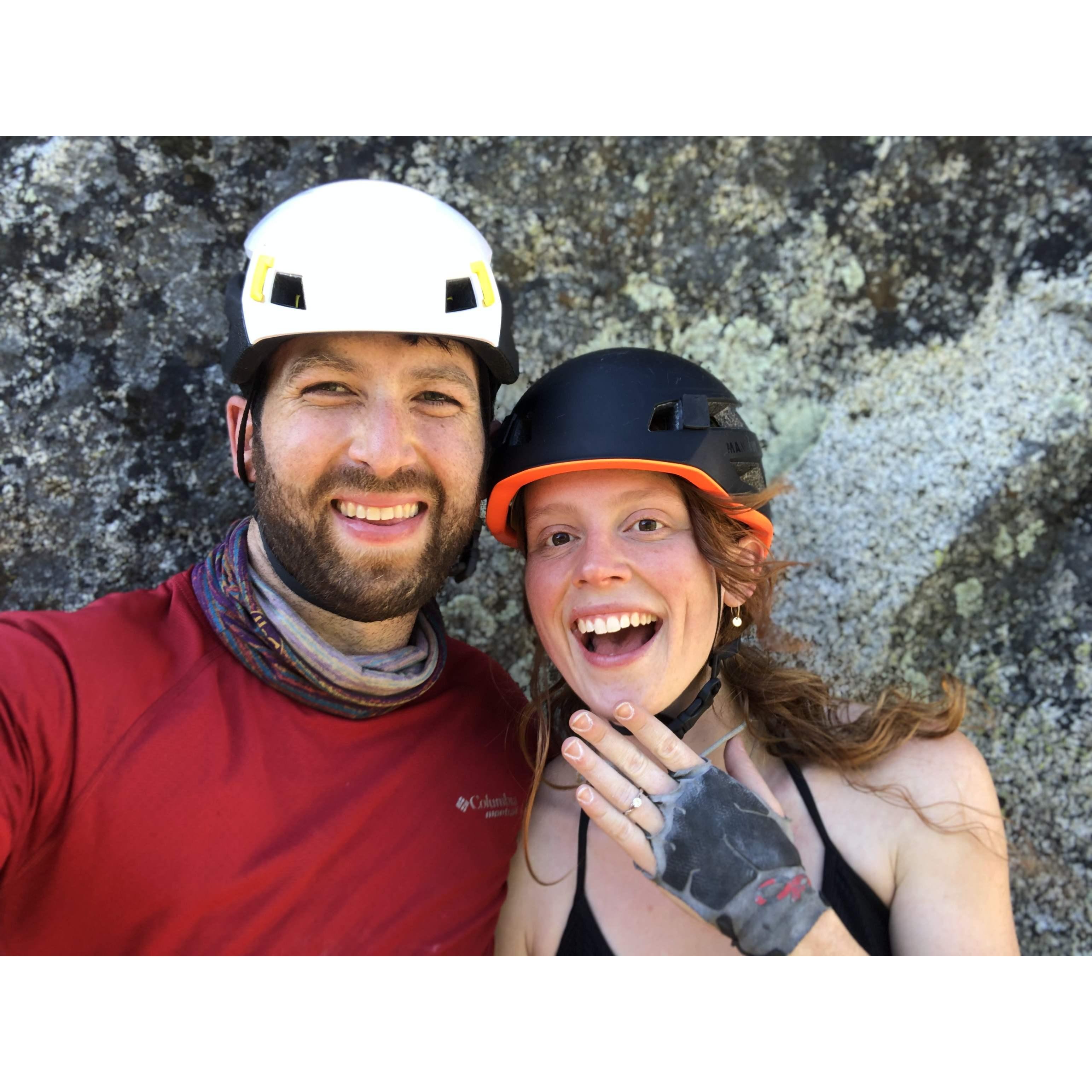 Climbing together in Yosemite on our engagement weekend! Notice the ring is tied on a necklace to make sure we didn't drop it!