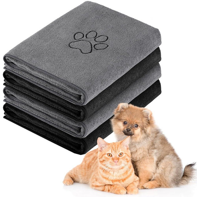 Chumia 4 Pack Dog Towels for Drying Large Microfiber Grooming Tools Absorbent Soft Bath Supplies with Embroidered Paw for Small Medium Pet Products(16 x 32 Inch,Gray, Black)