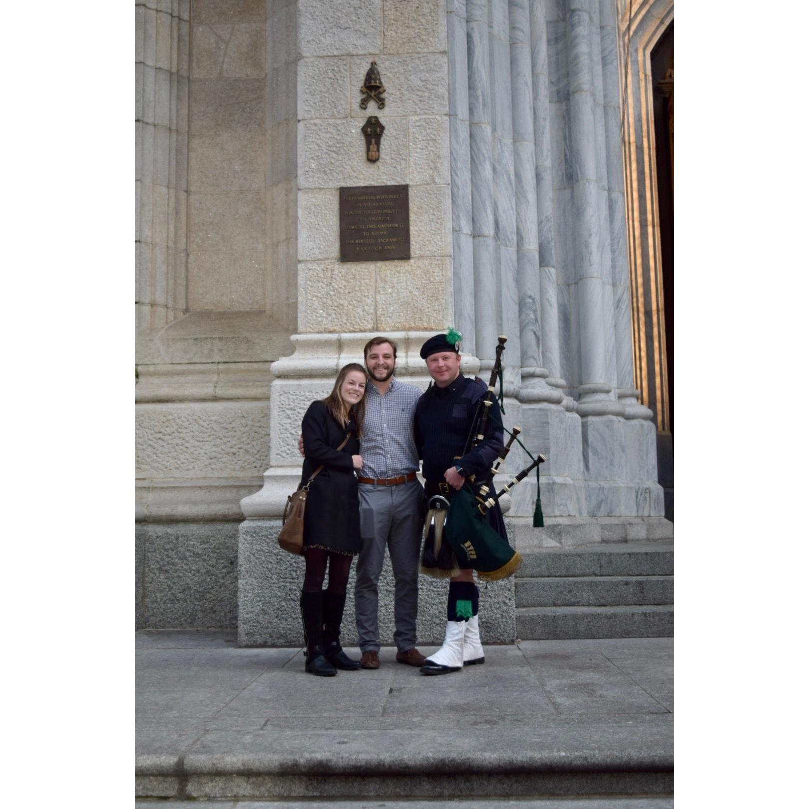 NYPD Bag Piper hired by Matt to play on the steps of St. Patrick's Cathedral while Tracy, Shelby, and I walked by.