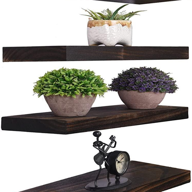 YYWUOJJ Rustic Wood Floating Shelves for Wall Decor Farmhouse Hanging Wall Shelves for Bathroom Kitchen Living Room Bedroom, Set of 4 Walnut