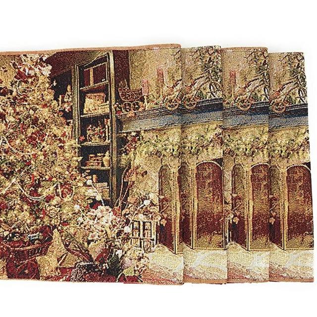 DaDa Bedding Golden Christmas Tree Tapestry Placemats - Set of 4 Festive Holiday Fireplace Winter Scenery - Cotton Linen Woven Dining Table Mats - 13” x 19” (14604)