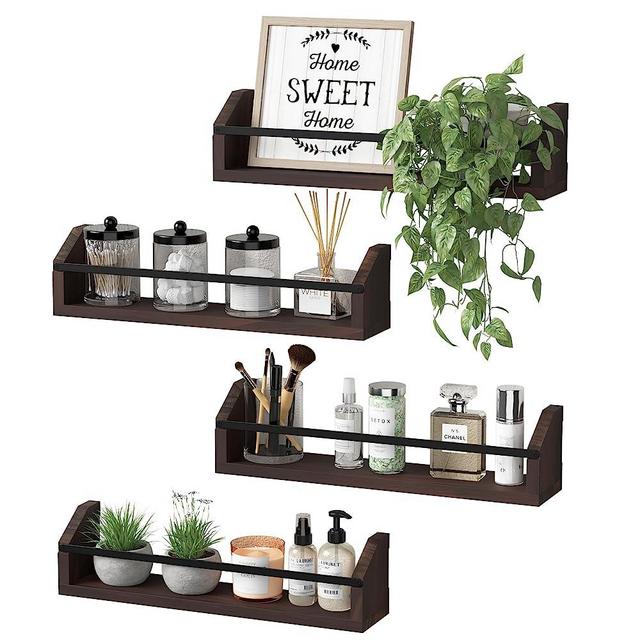 WOPITUES Floating Shelves with Protective Metal Rail, Small Bathroom Shelves Set of 4, Spice Rack Wall Mount, Wood Shelves for Kitchen, Living Room, Bedroom, Nursery Book- Dark Brown