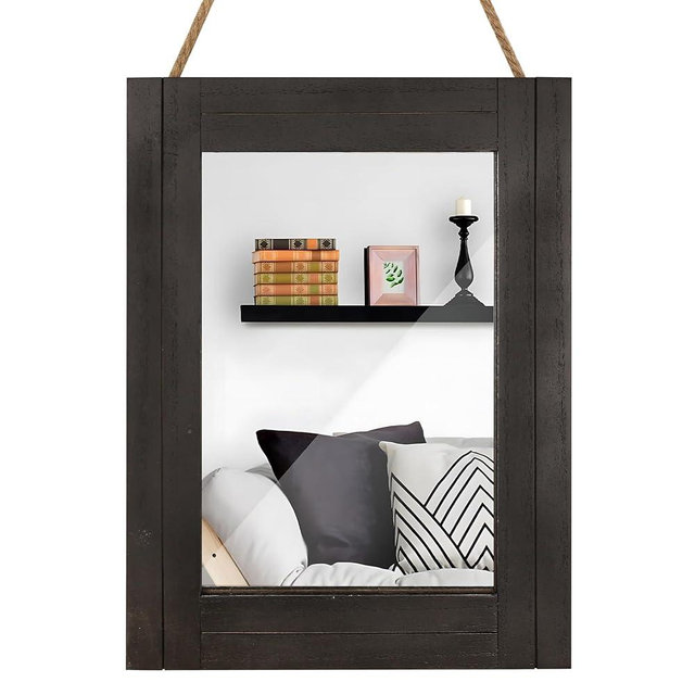 DECORKEY Rectangle Wall Mirror for Bathroom, Distressed White Wood Decor with Hanging Rope for Rustic Home Decor, Vanity, Living Room 12"×16"（Black）