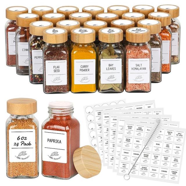 AuroTrends Glass Spice Jars with Bamboo Lids 6oz 24Pack, Spice Jars with Label Complete Set-6oz Spice Containers with Blank & Pre-printed Spice Labels and Straw Brush (6oz 24Pack, Bamboo Lids)