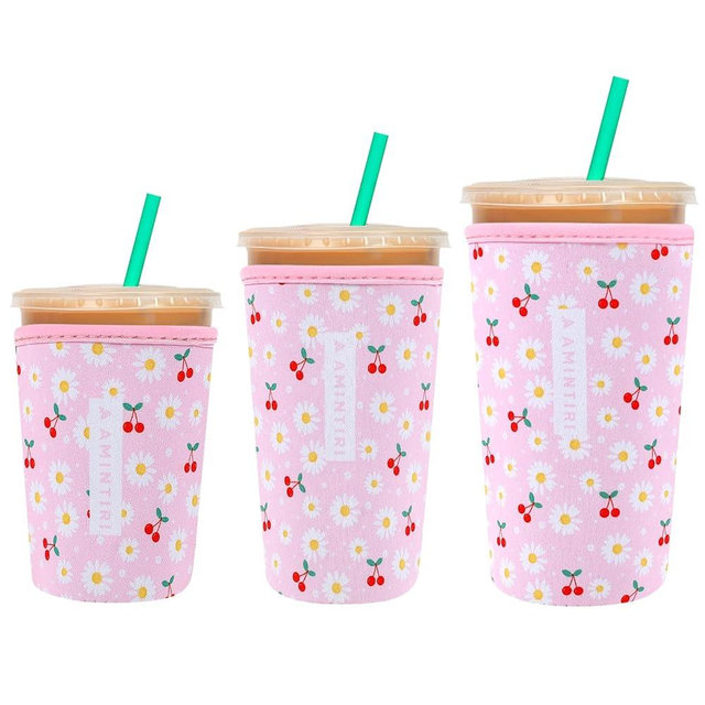 3 Pack Reusable Sleeve for Iced Coffee Cup, Coffee Neoprene Sleeve for Iced&Hot Drinks, Coffee Sleeve Compatible with Starbucks, Dunkin Coffee Cup. (Cherry&Daisy)