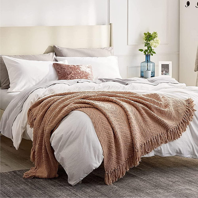 Bedsure Throw Blanket for Couch - Beige Knit Woven Chenille Blanket Versatile for Twin Bed, 60 x 80 Inch- Super Soft Warm Decorative Blanket with Tassels for Chair, Sofa and Living Room
