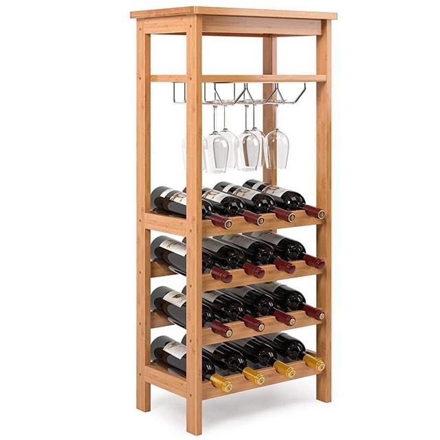 Homfa Bamboo Wine Rack Free Standing Wine Holder Display Shelves with Glass Holder Rack, 16 Bottles Stackable Capacity for Home Kitchen, Natural Color