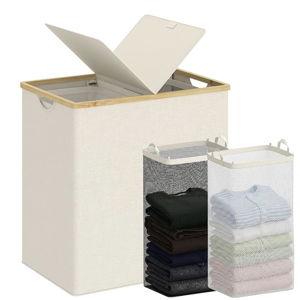efluky Laundry Hamper with Lid, Double Laundry Hamper with 2 Removable Bags, 2 Section Laundry Basket with Bamboo Handles for Bathroom, Bedroom & Laundry Room, 140L (36.9 Gallon) Beige