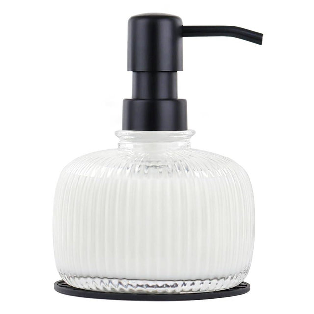 12 OZ Soap Dispensers with Silicone Mat, for Kitchen and Bathroom Contertop Wash Hand Liquid, Dish Detergent, Farmhouse Style Shampoo Lotion Pump (1, Clear Glass with Black, 4" x 4" x 5-1/2")