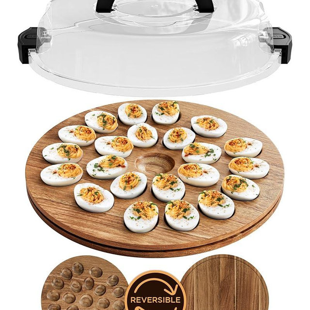 Trauful Deviled Egg Carrier with Lid and Handle | Reversible | Wooden Portable Deviled Egg Containers with Lid for Party Travel | Covered Platter Tray Holder | Holds 22 Eggs, Acacia Wood