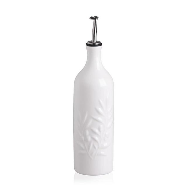 Sweejar Large Ceramic Olive Oil Dispenser Bottle, 24 Oz Relief Opaque Oil Cruet Protects Oil To Reduce Oxidation, Suitable for Storage Oil, Vinegar, Soy Sauce, Coffee Syrup, Liquids, Pack of 1 (White)