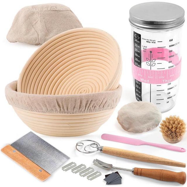 Joyyy Sourdough Starter Kit, Round 8.5inch Bread Proofing Baskets Set Includes 24oz Sourdough Glass Jar, Bread Lame, Whisk, Dough Scraper, Sourdough Bread Baking Supplies (Pink)