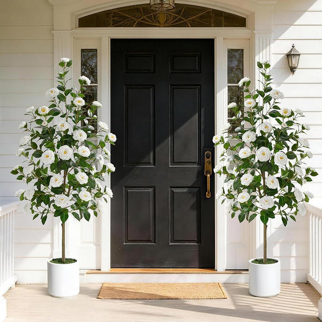 2 Pack 63" Artificial Camellia Tree, Artificial Plants Outdoor Faux Plants in Pot, Artificial Flower for Outdoors Front Porch Decor, Fake Tree Plant Faux Flowers for Indoor Outdoor Home Decor, White